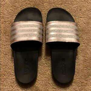 Adidas pink and silver glittery slides